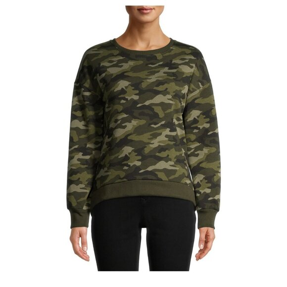 No Boundaries Juniors Camo Printed Green Scoop Neck Pullover Sweatshirt SZ Large - Picture 2 of 4